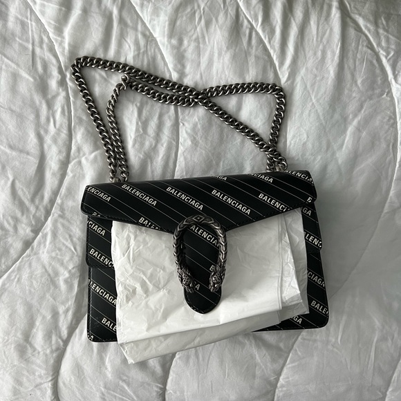 SOLD: GUCCI X BALENCIAGA Calfskin Logo Print Dionysus Shoulder Bag Black - Picture 6 of 12